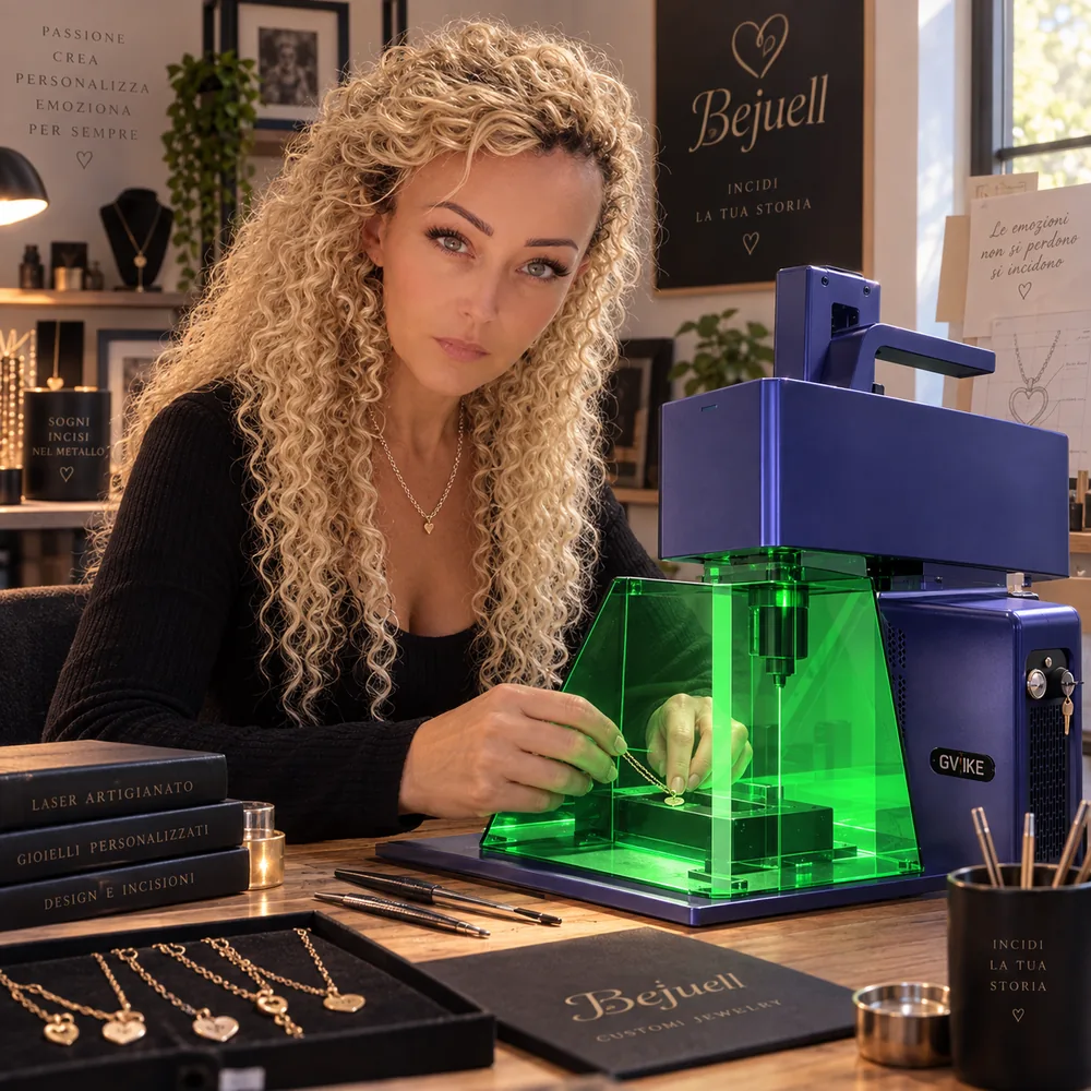 Sabina all'incisore laser nell'atelier Bejuell a Roma